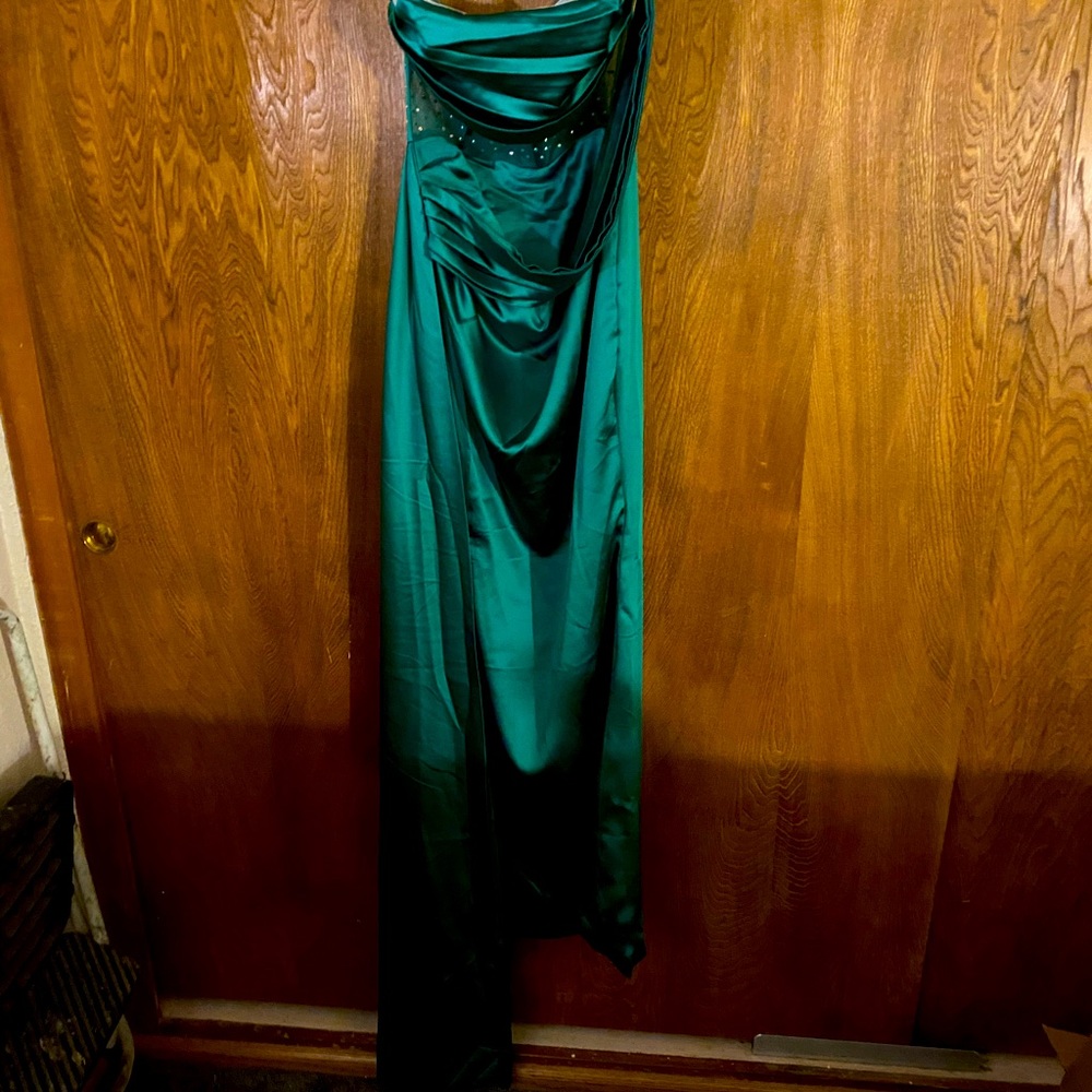 Miss Circle Holly Green Crystalised Corset High Slit Satin gown